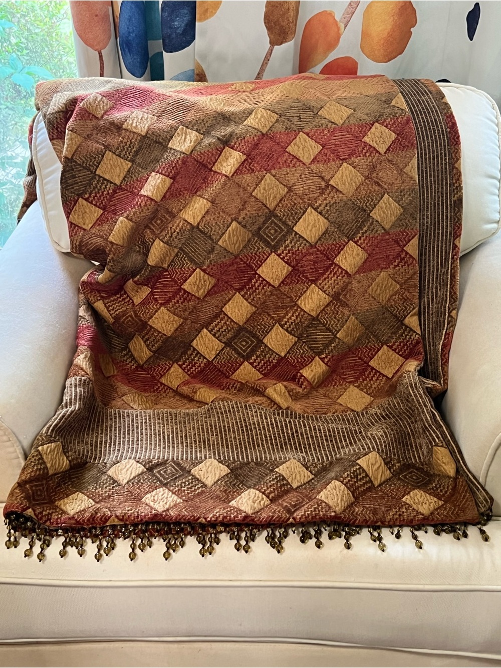 Throw with Beaded Fringe - Red & Gold Tone Woven Diamond Pattern